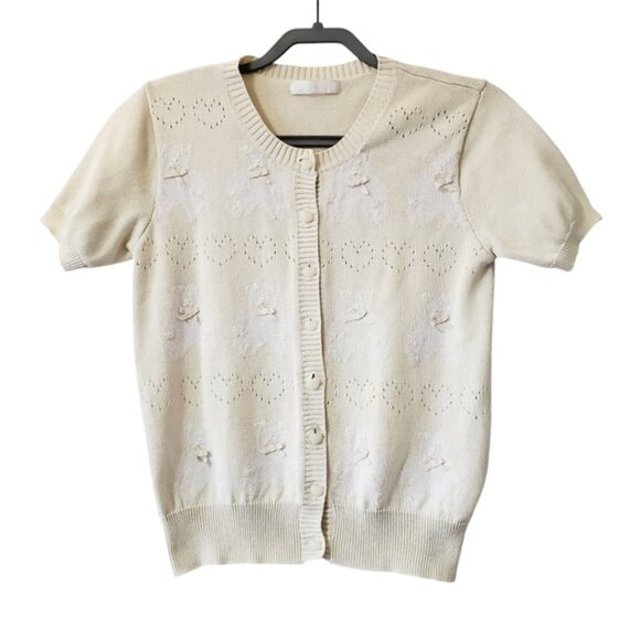 Vintage Sweaters - Vintage Teddy Bear Bow Coquette Shortsleeve Kawaii Novelty Cardigan M